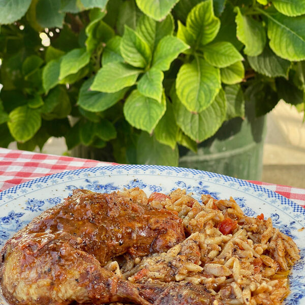 Bardouniotikos Rooster with Hilopites in the Oven (a G.G Recipe) - Gastronomy Tours kokoras kritharaki 2 orig - Gastronomy Tours